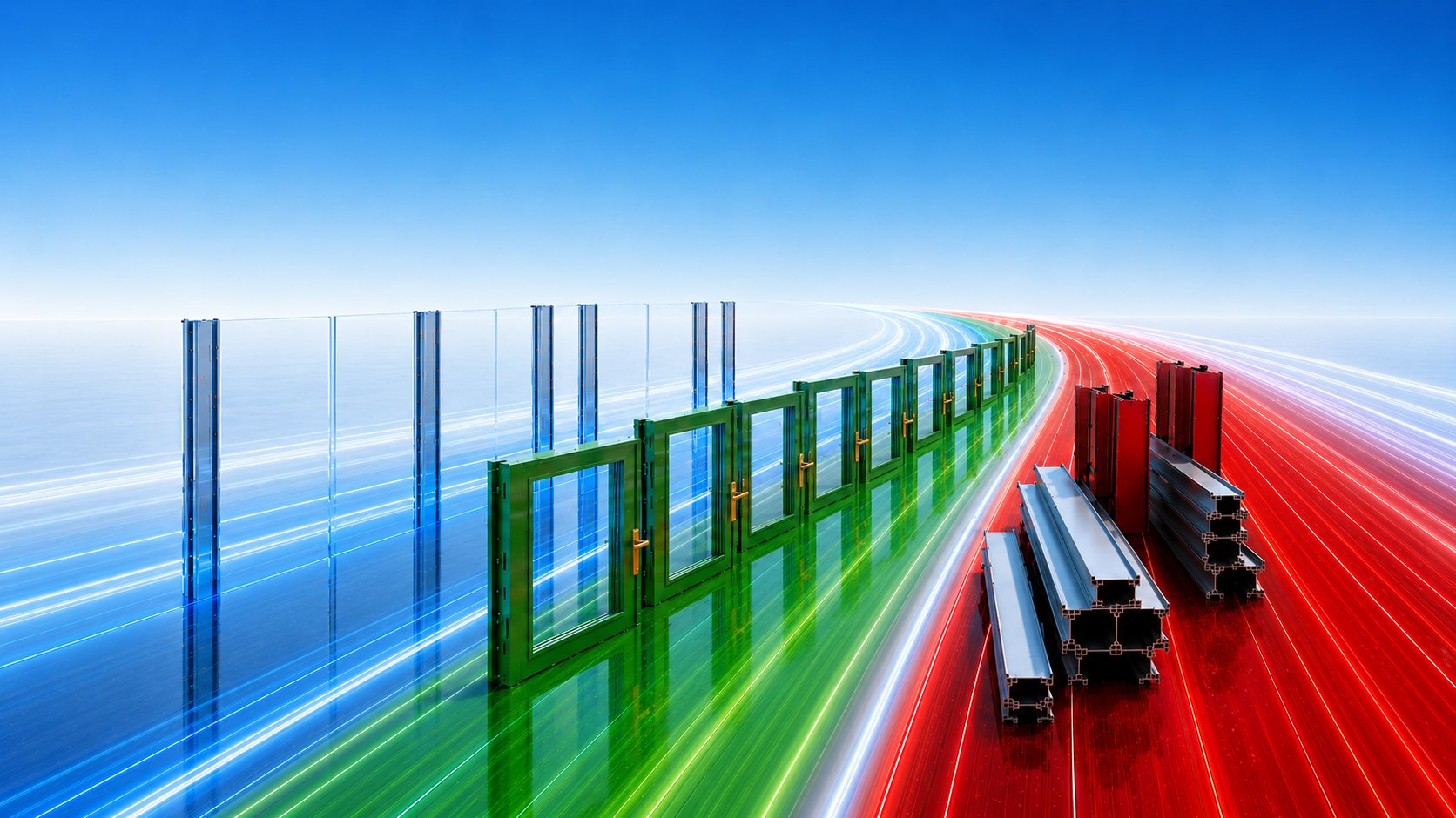 Glass panels, green window and door frames and aluminium extrusions sweeping along one reflective floor in blue, green and red
